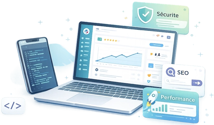 Illustration développement PrestaShop - Performance, SEO, Sécurité