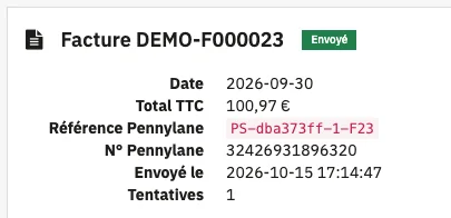 Fiche d'une facture envoyée à Pennylane : référence unique, numéro Pennylane, date d'envoi et historique