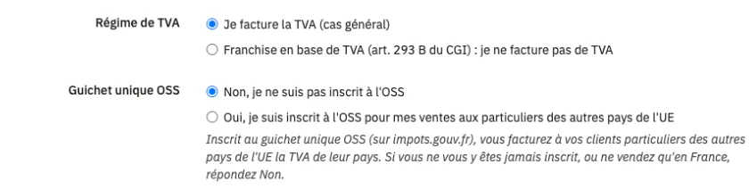Réglages de la situation fiscale : régime de TVA et guichet unique OSS, avec l’explication du choix OSS